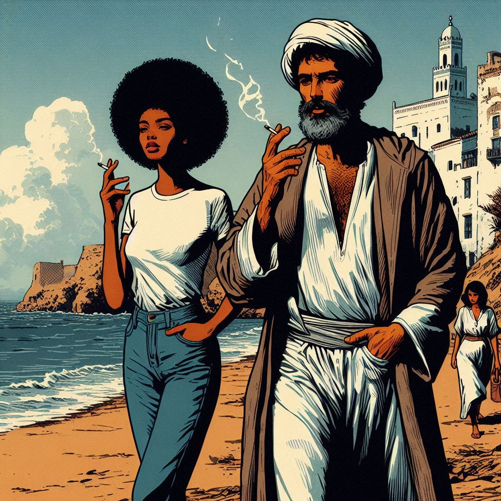 Banou and Makhloug walking on the beach